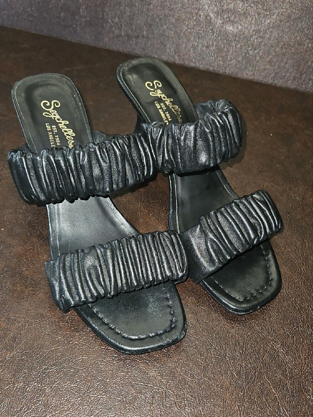 Seychelles Leather Black Ruched Double-Strap Slide Heels
